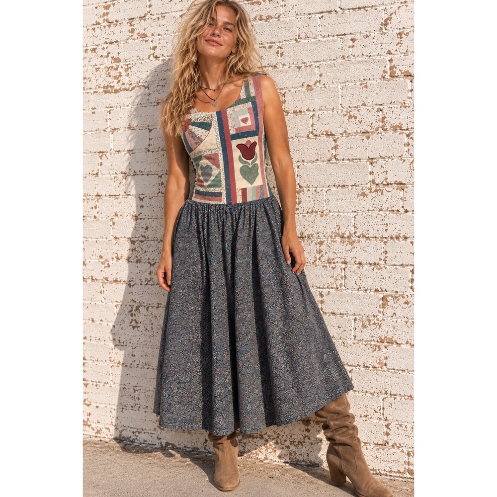 Vintage Multicolor Cotton Hand Quilted Patchwork Hearts Tulip Maxi Dress M